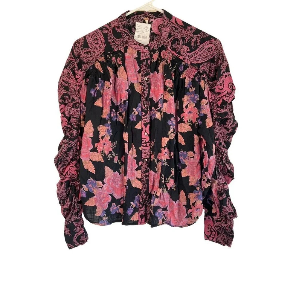 Free People Maraya Button Top in Black Combo XSmall New Womens Blouse